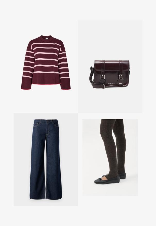 Maroon sweater with horizontal pink stripes. Round neckline, ribbed cuffs, and hem. Features a cropped design with pink accent trimming.; Wide-leg jeans in dark blue denim. Features contrast stitching, five pockets, and a button closure at the waist. Smooth texture.; Black flat shoes with a small bow detail at the toe, paired with dark brown ribbed tights. Shoes have a smooth texture and low profile.; Burgundy patent leather crossbody bag with a rectangular shape, two straps, silver hardware, and a flap closure.