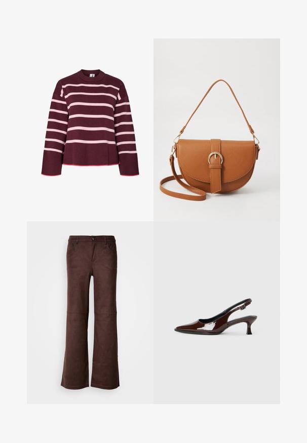 Bordowy sweter w poziome różowe paski. Okrągły dekolt, ściągacze przy mankietach i u dołu. Charakteryzuje się krojem cropped z różowymi akcentami.; Brązowe spodnie w stylu dzwonów, wykonane z miękkiego materiału przypominającego zamsz. Posiadają cztery kieszenie, zapięcie na guzik oraz gładką, teksturowaną powierzchnię.; Brązowe lakierowane skórzane buty na obcasie typu slingback z ostrym noskiem i umiarkowanym obcasem. Posiadają pasek z klamrą dla zapewnienia stabilnego dopasowania. Gładka tekstura.; Brązowa skórzana torba na ramię o zaokrąglonym kształcie, ze złotymi akcentami i zapięciem w formie klamry. Posiada odpinany pasek na ramię.