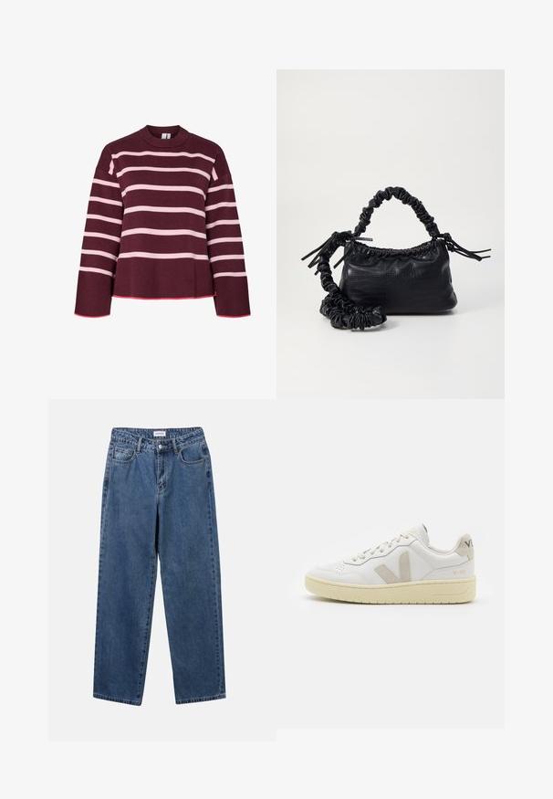 Pull marron avec des rayures horizontales roses. Col rond, finitions côtelées aux poignets et à l'ourlet. Présente un design court avec des bordures roses.; Jean en denim bleu classique avec une coupe droite, cinq poches et une fermeture par bouton. Présente un lavage moyen et une texture robuste.; Baskets blanches en cuir avec des accents en daim beige, boîte à orteils perforée, lacets plats et semelle texturée crème. Présente un logo discret au talon.; Sac à main en simili cuir noir avec une texture crocodile, un dessus resserré et une sangle froncée. A l'apparence douce et compacte.