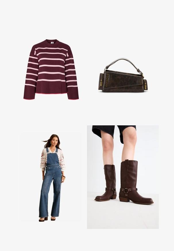 Bordový sveter s horizontálnymi ružovými pruhmi. Okrúhly výstrih, rebrované manžety a lem. Má skrátený strih s ružovými akcentmi.; Džínové overaly s vlnitým dizajnom na prednej časti, rozšírenými nohavicami a bočnými vreckami. Skombinované s bielou vyšívanou blúzkou a drevenými doplnkami.; Hnedé kožené vysoké čižmy s okrúhlou špičkou, štruktúrovaným povrchom, opaskom okolo členka a detailmi zo strieborného kovu; s vysokým podpätkom.; Hnedá kožená kabelka s geometrickým dizajnom, s hornou rúčkou a zlatými zipsovými detailami. Logo je vyrazené na strane.