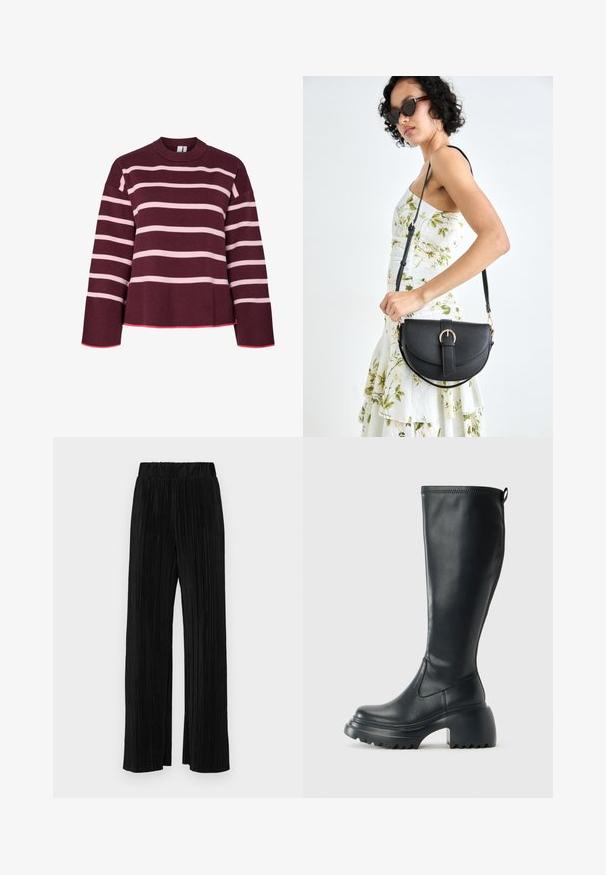 Bordový sveter s horizontálnymi ružovými pruhmi. Okrúhly výstrih, rebrované manžety a lem. Má skrátený strih s ružovými akcentmi.; Čierne plisované nohavice s elastickým pásom. Majú široké nohavice a hladkú, textúrovanú látku s vertikálnymi pruhmi.; Vysoká čierna kožená čižma s masívnou platformou a blokovým podpätkom, s praktickým pútkom a textúrovaným vzorom na podošve.; Čierna kožená kabelka s zaobleným tvarom, odnímateľným popruhom a zlatými doplnkami. Kabelka má klopu s detailom s prackou.
