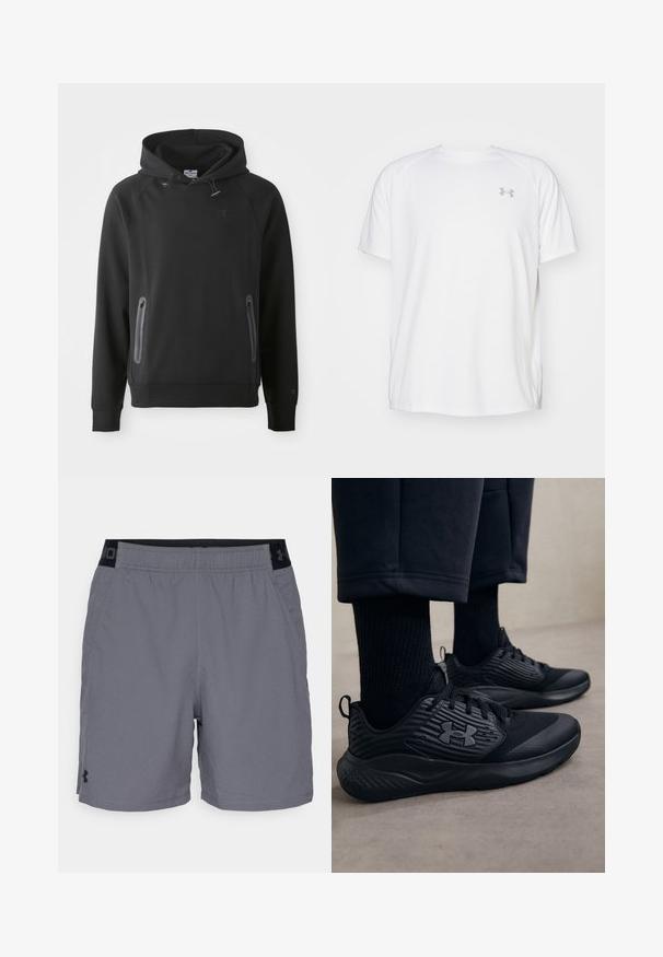 Sort hætte sweatshirt med en kengurulomme, lavet af et blødt materiale. Har snoretræk og et logo på brystet. Lange ærmer med manchetter.; Hvid kortærmet sportsbluse lavet af glat stof. Har en rund halsudskæring og et gråt logo på venstre bryst, samt slidser i siderne ved kanten.; Grå atletikshorts i letvægtsstof med elastisk talje og sorte detaljer samt sidelommer. Enkelt design uden mønstre.; Person iført sorte atletiske sneakers med teksturerede sider og logo, parret med sorte sokker og cropped bukser på et lyst gulv.