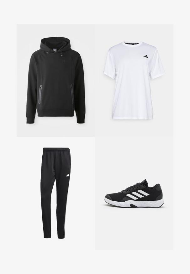 Zwarte capuchon trui met een kangoeroe-pocket, gemaakt van een zachte stof. Heeft trekkoorden en een logo op de borst. Lange mouwen met boorden.; Witte sport T-shirt met korte mouwen, gemaakt van vochtafvoerende stof. Heeft een zwart logo op de linkerkant van de borst en een gemusterde binnenhals.; Zwarte sportbroek met een rekbare tailleband, witte zijkanten en een klein wit logo op de dij. Gemaakt van een soepele, lichte stof.; Zwarte sportieve schoenen met een geperforeerde mesh bovenkant, witte accentstrepen, een gevoerde zool en een versterkte hiel voor extra ondersteuning.