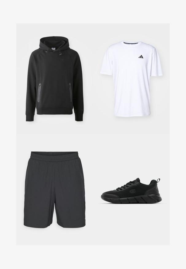 Sweat à capuche noir avec une poche kangourou, fabriqué à partir d'un matériau doux. Il présente des cordons de serrage et un logo sur la poitrine. Manches longues avec poignets.; T-shirt blanc à manches courtes en tissu à texture lisse. Présente un logo adidas noir sur le côté gauche de la poitrine et un col à motifs.; Champion TRAINING SHORTS - Short de sport - black; Baskets de sport noires avec une tige en mesh, bout renforcé, semelle intermédiaire texturée et languette arrière pour un enfilage facile. Logo affiché sur le côté.