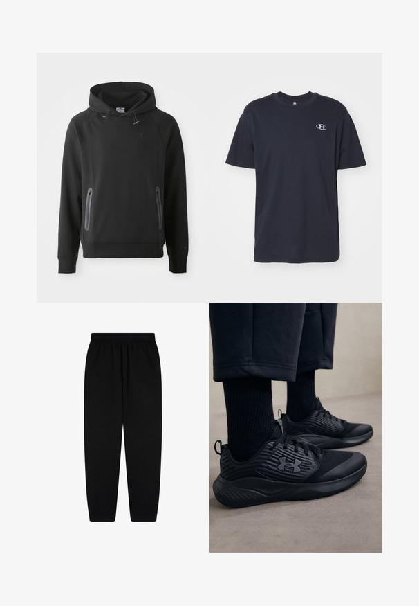 Schwarzer Kapuzenpullover mit einer Kängurutasche, aus einem weichen Material gefertigt. Verfügt über einen Kordelzug und ein Logo auf der Brust. Lange Ärmel mit Bündchen.; Marinefarbener Baumwoll-T-Shirt mit kurzen Ärmeln, Rundhalsausschnitt und einem kleinen weißen Logo auf der linken Brust. Weicher Stoff, gerade Passform und einfaches Design.; Schwarze Jogginghose aus weichem Stoff, mit elastischem Bund und schmalen Bündchen. Minimalistisches Design ohne sichtbare Muster oder Akzente.; Person in schwarzen Sport Sneakers mit strukturierten Seiten und Logo, kombiniert mit schwarzen Socken und kürzeren Hosen auf einem hellen Boden.