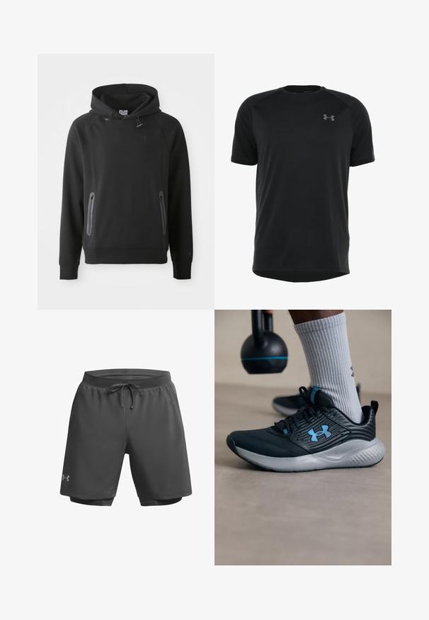 Black hooded sweatshirt with a kangaroo pocket, made from a soft material. Features drawstrings and a logo on the chest. Long sleeves with cuffs.; Black short-sleeve athletic shirt made of smooth, lightweight fabric. Features a rounded neckline and discreet logo on the chest.; Dark gray athletic shorts with an elastic waistband, adjustable drawstring, and inner mesh lining; features subtle branding on the left leg.; Black athletic shoe with blue accents, textured upper, and gray sole. Worn with gray ribbed socks, beside a black kettlebell.