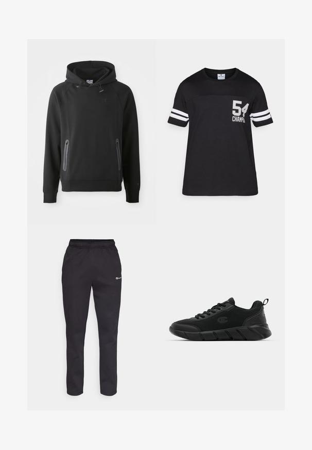 Sudadera negra con capucha y bolsillo canguro, hecha de un material suave. Presenta cordones y un logo en el pecho. Mangas largas con puños.; Camiseta de algodón negra con cuello redondo, con franjas blancas en las mangas y el número "54" con "CHAMPION" impreso en gris.; Pantalones de chándal negros con cintura elástica, que presentan un pequeño logo en la parte superior izquierda. Hechos de una tela suave, con un diseño de pierna ajustada.; Zapatillas deportivas negras con parte superior de malla, puntera reforzada, entresuela texturizada y una pestaña trasera para facilitar el calzado. Logo exhibido en el lateral.