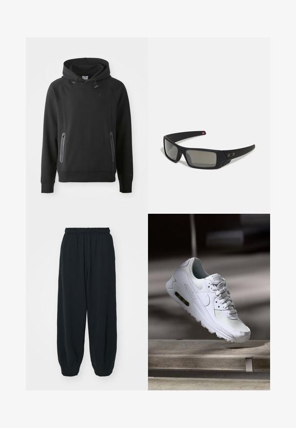 Černá mikina s kapucí a klokankou, vyrobená z měkkého materiálu. Obsahuje stahovací šňůrky a logo na hrudi. Dlouhé rukávy s manžetami.; Černé teplákové kalhoty s elastickým pasem, volným střihem, manžetami na kotnících, hladkým povrchem a bez viditelných vzorů či kovových detailů.; Bílé tenisky Nike Air Max 90 s vrchním materiálem z textilu a kůže, perforovanou špičkou a viditelnou vzduchovou jednotkou v patě.; Černé sluneční brýle s matným povrchem, obdélníkové čočky, mírná křivka na spáncích, nenápadný detail loga a čočky s kouřovým zabarvením.