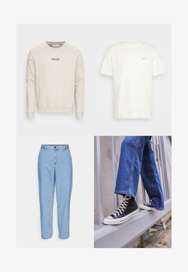 Krémová mikina s raglánovými rukávmi, lemovanými manžetami a spodným lemom. Na prednej strane sa nachádza čierny textový logotyp. Mäkká, textúrovaná tkanina.; Biela bavlnená tričko s okrúhlym výstrihom, krátkymi rukávmi a malým čiernym logom "W.W." na ľavej hrudi. Hladká textúra, bežný strih.; Svetlomodré džínsy s voľným strihom, vysokým pásom a rovnými nohavicami. Obsahujú predné vrecká a uzáver na kovový gombík.; Čierne vysoké tenisky s bielou podrážkou a šnúrkami, kombinované so voľnými modrými riflami, položené na sivej zábradlí.
