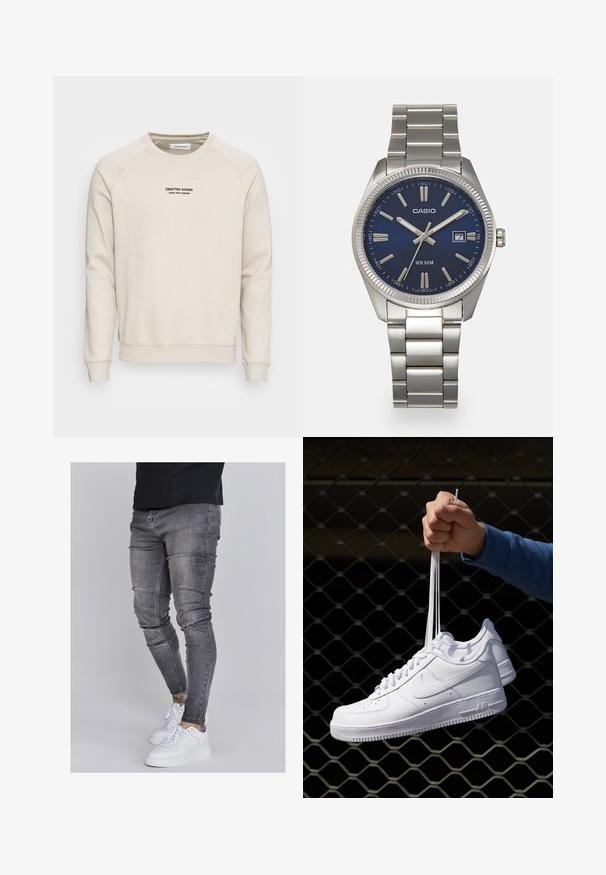 Cremefarbener Pullover mit Raglanärmeln, gerippten Bündchen und Saum. Auf der Vorderseite befindet sich ein schwarzes Textlogo. Weicher, strukturierter Stoff.; Schlanke Jeans aus ausgebleichtem grauem Denim, mit abgenutzten Details an den Knien, kombiniert mit weißen Sneakers. Glatte Textur, schlanker Schnitt.; Weiße Leder-Sneaker mit Perforationen, runder Zehenpartie, flacher Sohle und dicken Schnürsenkeln, mit sichtbar eingesticktem Swoosh-Logo und "AIR" an der Ferse.; Silberner Armbanduhr aus Edelstahl mit einem dunkelblauen Zifferblatt, metallischen Stundenmarkierungen und einem Datumsfenster bei 3 Uhr. Wasserdicht bis 50 Meter.