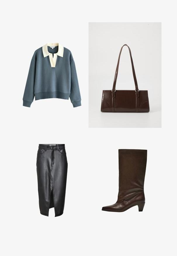 Pullover blu a maniche lunghe con un ampio colletto crema e scollo a V, polsini e orlo a costine, realizzato in tessuto lavorato a maglia.; Gonna in pelle nera con design a lunghezza media, caratterizzata da uno spacco frontale, passanti per cintura classici e dettagli cuciti lungo le cuciture.; Stivale in pelle marrone scuro, a metà polpaccio, con tacco basso impilato, punta affusolata e asta leggermente scivolata su uno sfondo bianco.; Borsa in pelle verniciata marrone di forma rettangolare, con due manici lunghi e sottili accenti curvi sul davanti.