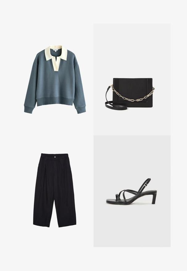 Dugi rukav, plavi pulover sa širokim kremastim ovratnikom i V-izrezom, rebrasti manžeti i donji rub, napravljen od pletenog materijala.; Crne poliester hlače culotte s elastičnim pojasom, dva prednja nabora i širokim krojem. Nema vidljivih uzoraka ili metalnih detalja.; Crne sandale s trakama, kvadratnim prstom i niskom blok petom. Ima više tankih trakica i podesivu trakicu oko gležnja. Izrađene su od glatke kože.; Crna kožna torba preko tijela s glatkom teksturom, pravokutnim oblikom i metalnim lancem na prednjoj strani. Uključena je podesiva naramenica.