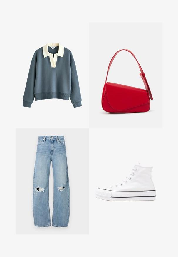 Dlouhý rukáv, modrý svetr s širokým krémovým límcem a výstřihem do V, žebrované manžety a spodní lem, vyrobený z pletené tkaniny.; Světle modré džíny s vysokým pasem vyrobené z denimu. Mají široké nohavice, dvě roztržené oblasti na kolenou a klasický pětikapsový střih.; Bílé vysoké plátěné tenisky s černou gumovou podrážkou, přední gumovou špičkou a šesti očky na tkaničky, se čistým, minimalistickým designem.; Červená kožená kabelka s ostrým, geometrickým designem. Má jeden nastavitelný popruh a klopu s prošívanými detaily.