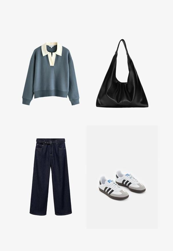 Pulover z dolgimi rokavi v modri barvi, širokim kremnim ovratnikom in V-izrezom, z rebrastimi manšetami in robom, izdelan iz pletenine.; Temno modri široki traper hlače. Imajo pas z zaponko in več gumbi, sprednja žepa ter čisto obdelane robove.; Športni čevlji z belim usnjenim zgornjim delom, sivim semišem na prstih in tremi črnimi črtami. Imajo modro logo na jeziku in teksturiran gumijast podplat.; Črna usnjena hobo torba z mehko, ukrivljeno obliko. Ima širok zgornji ročaj in gube na dnu, kar daje torbi udoben izgled.