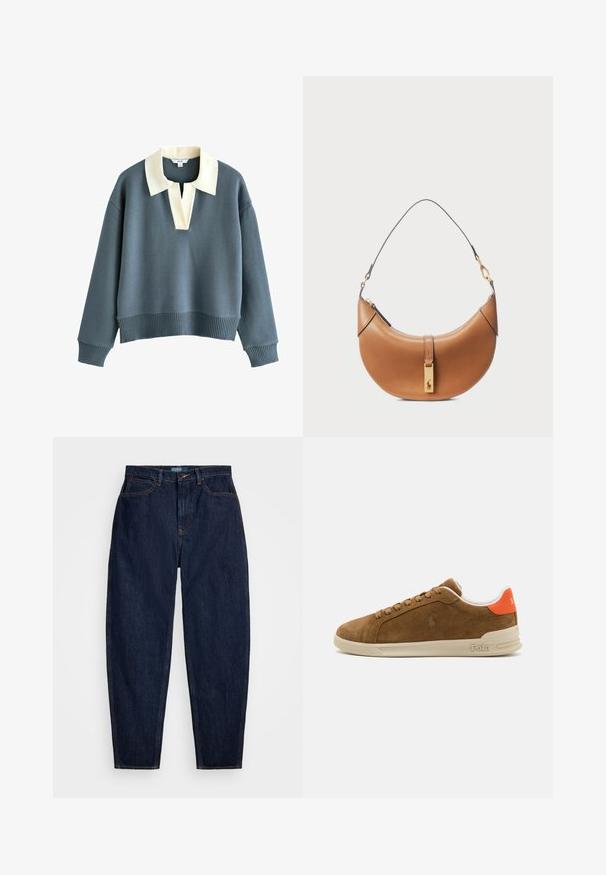 Langärmliger blauer Pullover mit breitem cremefarbenem Kragen und V-Ausschnitt, mit gerippten Bündchen und Saum, aus Strickstoff.; Dunkelblaue Denim-Jeans mit geradem Bein, ausgestattet mit orangen Nähten, einem vorderen Knopfverschluss und fünf Taschen.; Braune Wildleder-Sneaker mit einer cremefarbenen Gummisohle, die orangefarbene Akzente an der Ferse und ein kleines Logo-Detail an der Seite aufweist.; Taschenhandtasche aus tanfarbenem Leder mit geschwungener Form, goldenen Beschlägen und einem dünnen Schulterriemen. Verfügt über einen Reißverschlussverschluss und ein Logodetail auf der Vorderseite.