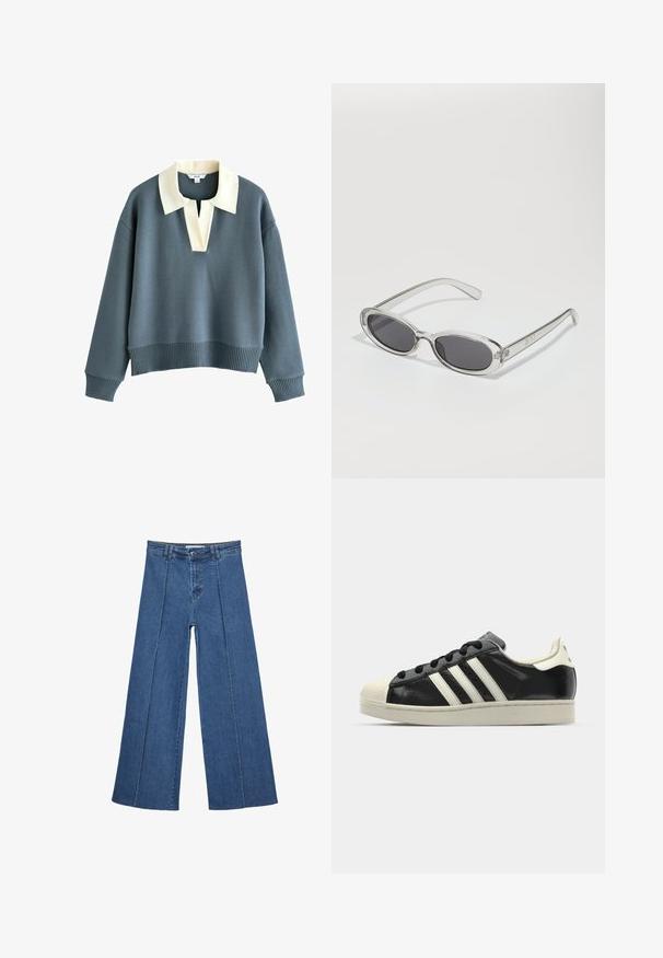 Langärmliger blauer Pullover mit breitem cremefarbenem Kragen und V-Ausschnitt, mit gerippten Bündchen und Saum, aus Strickstoff.; Weite Jeans aus Denim in Mittelblau, mit hoher Taille, Knopfverschluss und kontrastierenden vertikalen Nahtdetails an der Vorderseite.; Schwarze Ledersneaker mit weißen Streifen, Gummikappe, schwarzen Schnürsenkeln und einer cremefarbenen Sohle. Glatte Textur mit glänzender Oberfläche.; Sonnenbrille mit ovaler Form, klarem Kunststoffrahmen, dunkelgrauen Gläsern und dünnen transparenten Bügeln mit Logo-Akzenten und minimalen Details.