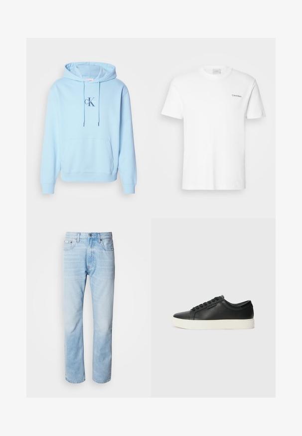 Light blue hooded sweatshirt made of soft cotton blend, featuring a front kangaroo pocket and a printed Calvin Klein logo on the chest.; White cotton T-shirt with short sleeves and a crew neckline. Features a small black "Calvin Klein" logo on the left chest.; Light blue denim jeans with a straight leg cut, featuring faded sections, five-pocket design, and a classic button fly.; Black leather sneakers with perforated texture, round toe, and flat white rubber sole. Features black laces and a subtle logo on the side.