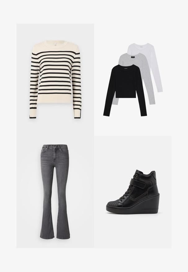 Krēma krāsas džemperis ar horizontālām melnām svītrām, apaļa kakla izgriezums, garas piedurknes un ribotās aproces un apakšmalas. Gluda tekstūra, ikdienišķa piegriezuma.; Trīs garām piedurknēm veidotas augšdaļas, sakrautās: melna, pelēka un balta. Katram ir noapaļots kakla izgriezums un īsa dizaina forma ar gludu, vieglu audumu.; Gaišas flared džinsi ar augsto jostasvietu, pogu aizdari, piecām kabatām un izteiksmīgām šuvēm. Izgatavoti no denima ar gludu tekstūru.; Melni augstie vīriešu čības ar platformu, izgatavotas no gludas ādas, ar šņorējamu priekšpusi, regulējamu siksniņu un dekoratīviem rāvējslēdzēju akcentiem.