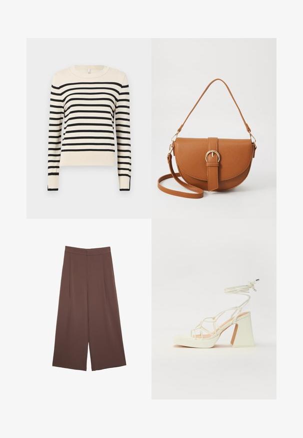 Krémový sveter s horizontálnymi čiernymi prúžkami, okrúhlym výstrihom, dlhými rukávmi a rebrovanými manžetami a spodným lemom. Hladká textúra, neformálny strih.; Hnedé nohavice so širokými nohavicami a hladkou textúrou, s vysokým pásom a prednými skladmi. Tkanina je ľahká a voľne sa pohybuje.; Biele sandále na vysokom opätku s hrubým podpätkom, s pruhovaným dizajnom a viazaním na členku. Hladký povrch s platformou vpredu pre zvýšenú výšku.; Hnedá kožená kabelka cez telo s zakriveným tvarom, zlatými kovovými doplnkami a akcentom s prackou. Obsahuje odnímateľný ramenný popruh.