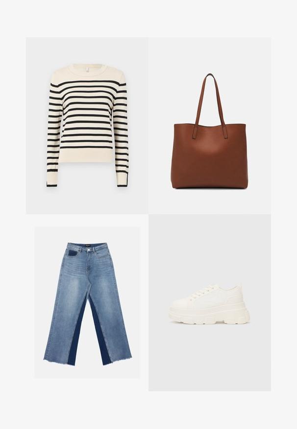 Krémový svetr s vodorovnými černými pruhy, kulatým výstřihem, dlouhými rukávy a žebrovanými manžetami a lemem. Hladká textura, volný střih.; Světle modré široké džíny s kontrastními tmavě modrými panely, třepenými lemy a standardním pasem se zapínáním na kovový knoflík.; Bílé plátěné tenisky s robustní podrážkou, zaoblenou špičkou a pěti otvory pro tkaničky. Zádový pásek pro snadné obouvání. Hladký povrch, minimalistický design.; Hnědá kožená taška přes rameno s hladkou texturou, otevřeným designem a dvěma ramenními popruhy. Obsahuje minimální švy a žádné viditelné kovové prvky.