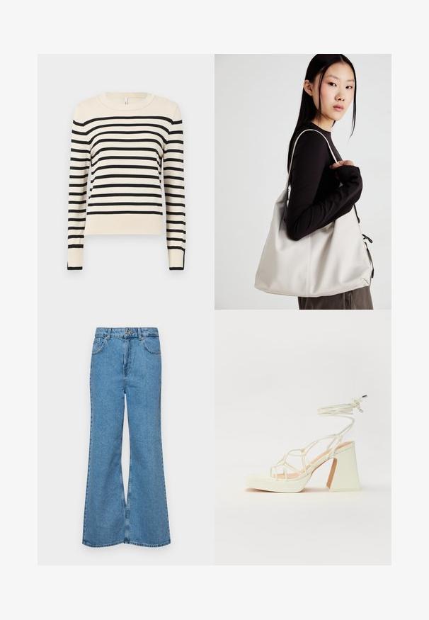 Suéter crema con rayas negras horizontales, cuello redondo, mangas largas y puños y dobladillo acanalados. Textura suave, ajuste casual.; Jeans acampanados de color azul claro hechos de denim, con una cintura alta, cinco bolsillos y un cierre de botón. Textura suave con acabado desgastado.; Sandalia de tacón alto blanca con un tacón grueso, que presenta un diseño de tiras y un lazo en el tobillo. Textura suave con una plataforma en la parte delantera para mayor altura.; Bolso de mano beige hecho de material suave, con un diseño holgado, detalles cosidos y dos asas. Adecuado para uso diario.