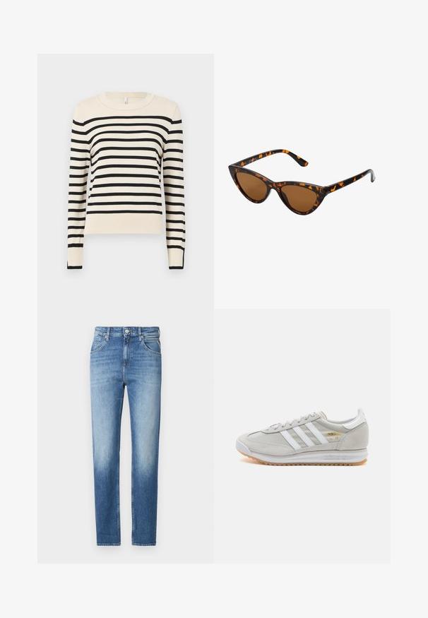 Cream sweater with horizontal black stripes, round neckline, long sleeves, and ribbed cuffs and hem. Smooth texture, casual fit.; Light blue denim jeans with a straight fit, faded texture, five pockets, and a button closure at the waist. Distinctive stitching detail.; Light grey sneaker made of suede and mesh, featuring three white stripes, round toe, and a gum rubber sole. Gold logo accent near laces.; Cat-eye sunglasses with a black and orange tortoiseshell frame, brown lenses, and sleek, pointed tips. Features a minimal logo on the temple.