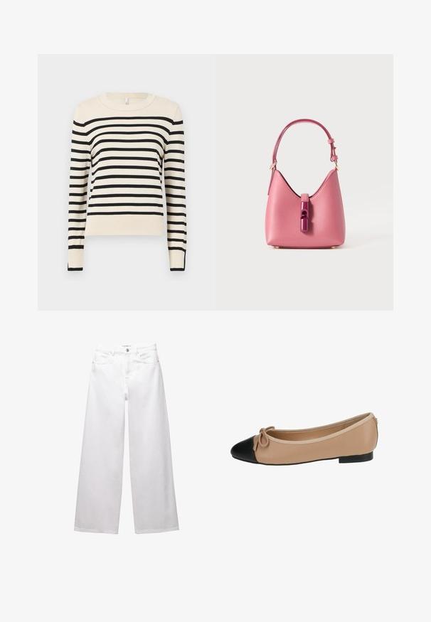 Pulover crem cu dungi negre orizontale, guler rotund, mâneci lungi și mansete și tiv cu aspect de țesătură elastică. Textură netedă, croială lejeră.; Jeans albe cu croi larg, confectionate din denim. Prezintă închidere cu nasture, buzunare frontale și posterioare, și cusături evidente. Textură netedă cu detalii minime.; Balerini din piele bej cu vârf negru. Prezentând un detaliu de fundiță în față și o textură netedă. Design de profil jos cu o talpă din cauciuc.; Geantă de mână din piele roz, cu o formă structurată, având un închizător lucios și o curea ajustabilă simplă. Finisaj texturat cu accesorii aurii.