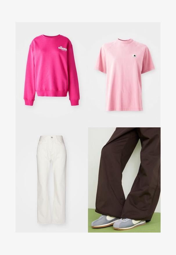 Pink sweatshirt made of soft, textured fabric, featuring a crew neckline and long sleeves. It has a white logo on the front.; Pink cotton t-shirt with a crew neck and short sleeves. Features a small square logo patch on the left chest area. Smooth texture.; White denim trousers with a high waist and wide-leg fit. Features a button and zipper closure, belt loops, and subtle stitching details.; Brown wide-leg pants with smooth texture and side seam detailing, paired with grey and white retro-style sneakers featuring a gum sole.