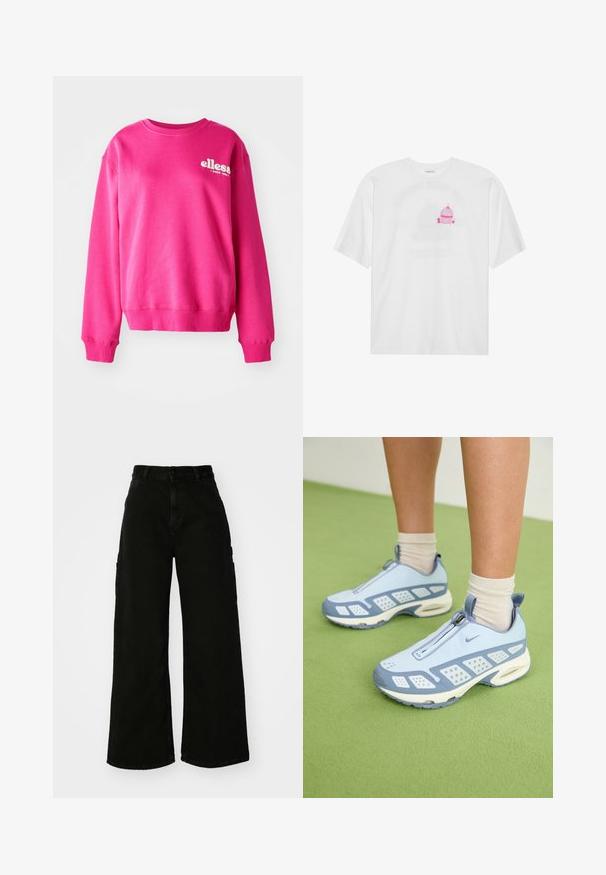 Sweatshirt rosa feito de um tecido suave e texturizado, apresentando um decote redondo e mangas longas. Tem um logo branco na frente.; Camiseta branca de algodão com um gráfico centralizado de um cupcake rosa com uma cereja em cima. Manga curta e corte descontraído.; Calças cargo largas pretas feitas de denim, com cintura alta, fecho frontal com botão e bolsos laterais. Textura suave com costura mínima.; Sapatos de desporto azul claro com acabamento branco, painéis texturizados e fecho de zíper. Apresentam uma sola com amortecimento visível e sola em borracha.
