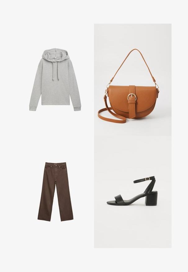 TOM TAILOR DENIM Maglione - cement grey mélange; Jeans a gamba larga marroni in denim, con vita alta, tasche anteriori e chiusura a bottone classica. Tessuto liscio con cuciture sottili.; Sandalo nero con tacco alto, caratterizzato da una tomaia in pelle liscia, punta aperta, ampie fasce frontali e cinturino a caviglia regolabile con un dettaglio in fibbia dorata.; Borsa a tracolla in pelle marrone con forma curvata, hardware dorato e un dettaglio con fibbia. Presenta una tracolla rimovibile.