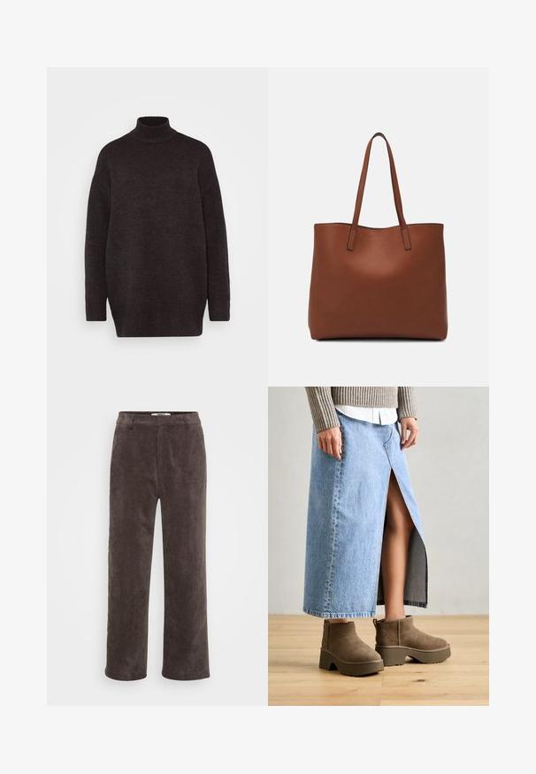 Vero Moda Petite VMIRIS HIGHNECK - Pulover - chocolate torte melange; Pantaloni largi din corduroy maro, cu o finisare texturată, având un brâu standard și două buzunare frontale.; Fustă maxi din denim de culoare albastră deschisă, cu o deschidere frontală, asortată cu cizme scurte din suede maronii, cu talpă groasă și vârfuri rotunjite.; Geantă de umăr din piele maro cu o textură netedă, design cu vârf deschis și două curele pentru umăr. Prezintă cusături minime și fără componente metalice vizibile.