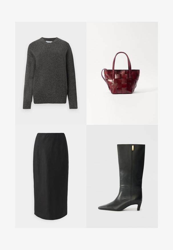 Gray v-neck sweater made of soft wool-blend fabric, featuring long sleeves and a relaxed fit. Simple, minimal design with no prominent patterns.; Black pencil skirt, knee-length, made of lightweight fabric. Features a smooth texture and a clean, minimalist design without embellishments.; Black leather knee-high boot with a pointed toe and a small heel. Features a sleek design with a gold accent detail. Smooth texture.; Woven burgundy leather tote bag with two short handles and a detachable shoulder strap. Features a structured shape and smooth texture.
