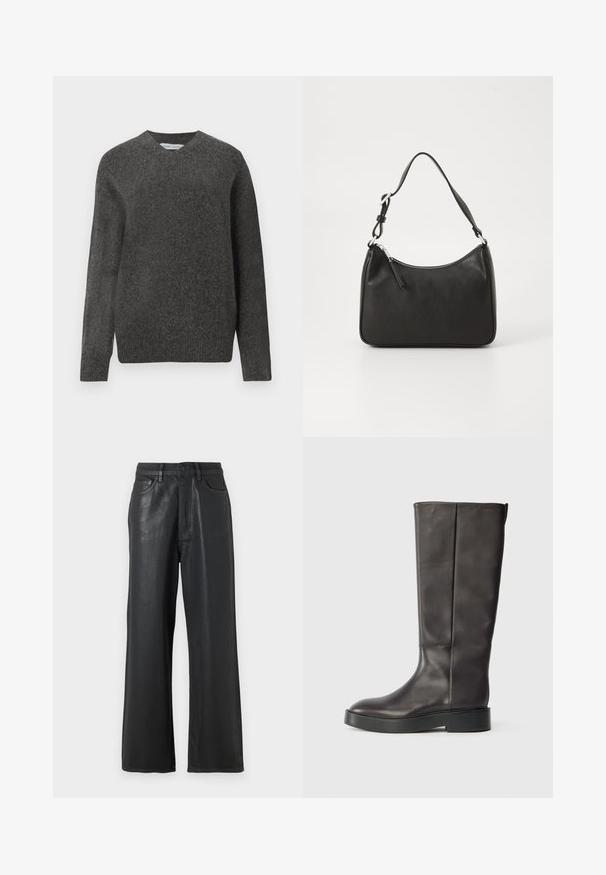 Harmaa V-pääntie neulepaita, joka on valmistettu pehmeästä villasekoitekankaasta. Siinä on pitkät hihat ja rento istuvuus. Yksinkertainen, minimalistinen muotoilu ilman erityisiä kuvioita.; Mustat löysät housut, jotka on valmistettu kiiltävästä materiaalista. Ominaisuuksiin kuuluu nappisuljenta, vyölenkit ja etutaskut, joilla on sileä pinta.; Mustat polvipituiset nahkavartiset saappaat paksulla pohjalla ja hienovaraisella Calvin Klein -logolla ylhäällä reunan lähellä, esitetty sivusta.; Mustat nahkakäsilaukku, jossa on kaareva muoto, yksi hihna, vetoketjukiinnitys ja hienovarainen brändäys etuosassa. Sujuva pinta, minimalistinen muotoilu.