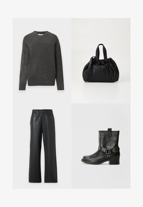 Pelēks v-veida džemperis, kas izgatavots no mīksta vilnas maisījuma auduma, ar garām piedurknēm un brīvu piegriezumu. Vienkāršs, minimāls dizains bez izteiksmīgiem rakstiem.; Melni platās bikses, kas izgatavotas no spīdīga materiāla. Tām ir pogu aizdare, jostas cilpas un priekšējās kabatas ar gludu tekstūru.; Samsøe Samsøe SABRENTA - Kovboju/motociklistu tipa puszābaki - black; Melnas ādas rokassomu ar savākta augšdaļa dizainu, kas aprīkota ar divām īsām rokturiem un garu regulējamu siksnu. Gluda tekstūra, noapaļota forma.