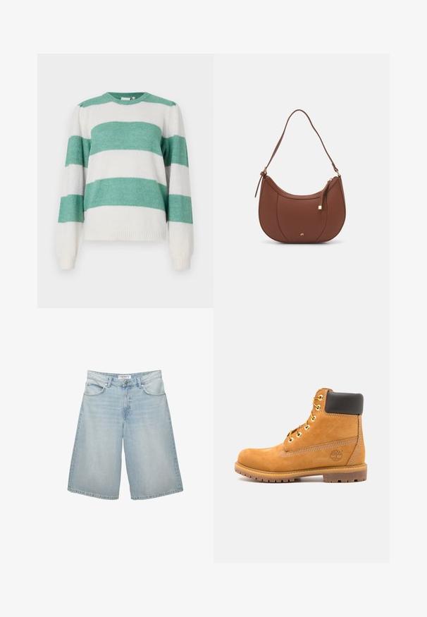 Prugasti pulover sa izmjenjujućim tirkiznim i bijelim bojama, okruglom izrezom, dugim rukavima i mekanim, teksturiranim materijalom.; Svijetloplavi traper šorts širokog kroja, s pet džepova, peticama za remen i zatvaranjem na rajsferšlus. Glatka tekstura s laganim izblijeđenim dijelovima.; Smeđe kožne gležnjače s crnim podstavama, zlatnim umetkom i teksturiranim potplatom. Imaju kružni logo sa strane i šavove kao naglaske.; Smeđa torba od umjetne kože s zakrivljenim oblikom, minimalnim šavovima i zlatnim metalnim detaljima. Ima zatvaranje na gornjoj strani sa patentnim zatvaračem i podesivu naramenicu.