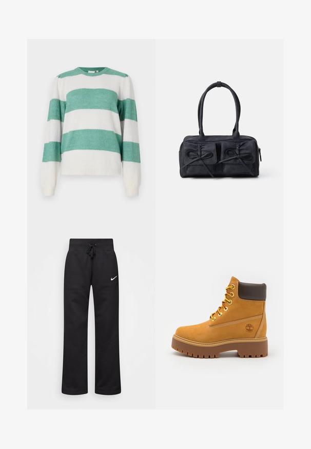 Gestreifter Pullover in abwechselndem Türkis und Weiß, mit rundem Ausschnitt, langen Ärmeln und einem weichen, strukturierten Stoff.; Schwarze Sweatpants aus einem Baumwollmix, mit einem Kordelzugbund, geraden Beinen und einem weißen Nike-Logo auf der linken Seite.; Beige, wasserdichte Stiefelette mit einer robusten Gummisohle, runder Zehenpartie, braunem Lederkragen, gelben Schnürsenkeln und einem Logo an der Seite.; Schwarze Stoffhandtasche mit zwei vorderen Taschen, die mit Schleifendetails versehen sind, doppelten Griffen und einem Reißverschluss. Weiche Textur und rechteckige Form.