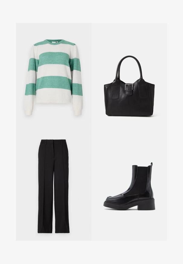 Stripet genser med vekslende farger i teal og hvit, rund hals, lange ermer og et mykt, teksturert stoff.; Sorte bukser med rett ben, med to frontfolder, liv, og ingen synlige lommer eller dekorasjoner.; Sorte chelsea-støvler med en kraftig hæl, med blødt læderoverdel og elastiske sidepaneler for nem påtagning. Solid gummisål.; Svart skinn toteveske med jevn tekstur, strukturert form, to håndtak og en fremtredende sølvspenne foran.