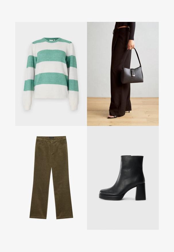 Pruhat pulover z izmeničnimi teal in belimi barvami, okroglo izreznico, dolgimi rokavi in mehkimi, teksturiranimi materiali.; Olivno zelene kordurojske hlače s razširjenimi hlačnicami, petimi žepi, vidno šivano in gumbom na pasu za varen oprijem.; Črne usnjene gležnjarje z blok peto in platformo, prikazane s strani na enobarvni beli podlagi.; Črna torbica z strukturirano obliko, gladko teksturo in kovinskim zaponko. Ujemajo se z širokimi črnimi hlačami in odprtimi sandali na lesenem tleh.