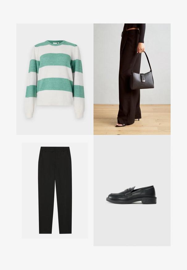 Gestreifter Pullover in abwechselndem Türkis und Weiß, mit rundem Ausschnitt, langen Ärmeln und einem weichen, strukturierten Stoff.; Schwarze Hosen mit taillierter Passform, ausgestattet mit seitlichen Taschen und geradem Bein. Hergestellt aus glattem, leichtem Stoff mit einem eleganten Finish.; Schwarze Lederloafers mit abgerundetem Zehenbereich, genähten Details und kleinem Absatz. Glatte Textur und eine flexible Gummisohle.; Schwarze Handtasche mit strukturierter Form, glatter Textur und einem metallischen Verschluss. Kombiniert mit weiten schwarzen Hosen und offenen Sandalen auf einem Holzboden.