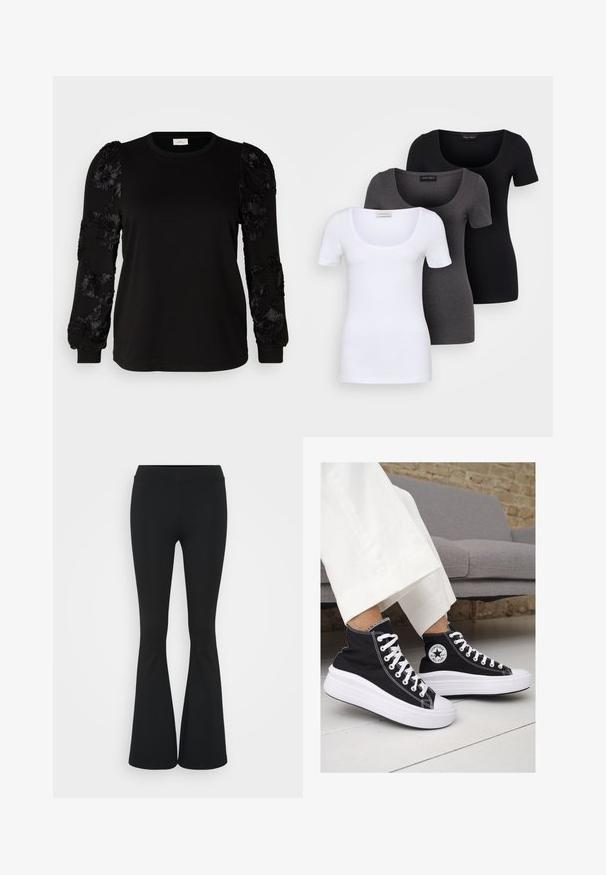 ONLY Carmakoma CARROSANNA O NECK MIX - Sweatshirt - black; Three fitted T-shirts in white, gray, and black. Each features a wide scoop neckline and short sleeves. Made from smooth, stretchy fabric.; Black flared pants made of stretchy fabric, featuring a high waistband and a smooth texture. The pants flare out from the knee.; Black canvas high-top sneakers with white rubber soles and laces. Features a circular logo on the side and contrasting white stitching.