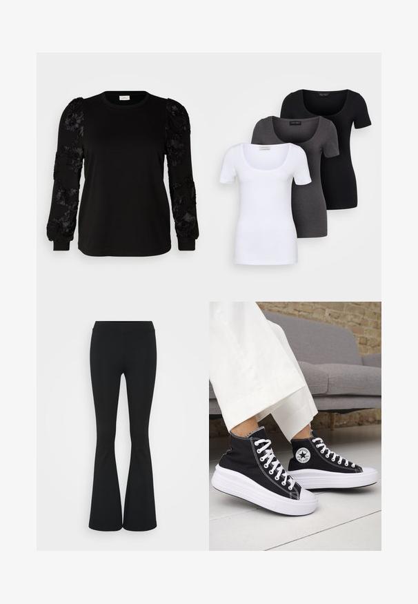 ONLY Carmakoma CARROSANNA O NECK MIX - Sweatshirt - black; Tre figurerte T-skjorter i hvit, grå og svart. Hver har en bred scoop-nakke og korte ermer. Laget av glatt, elastisk stoff.; Svarte flared bukser laget av elastisk stoff, med høy midje og en glatt tekstur. Buksene vidder ut fra kneet.; Svarte høye sneakers med hvite gummisåler og lisser. Har et rundt logo-merke og kontrasterende hvite sømmer. Laget av lerret.
