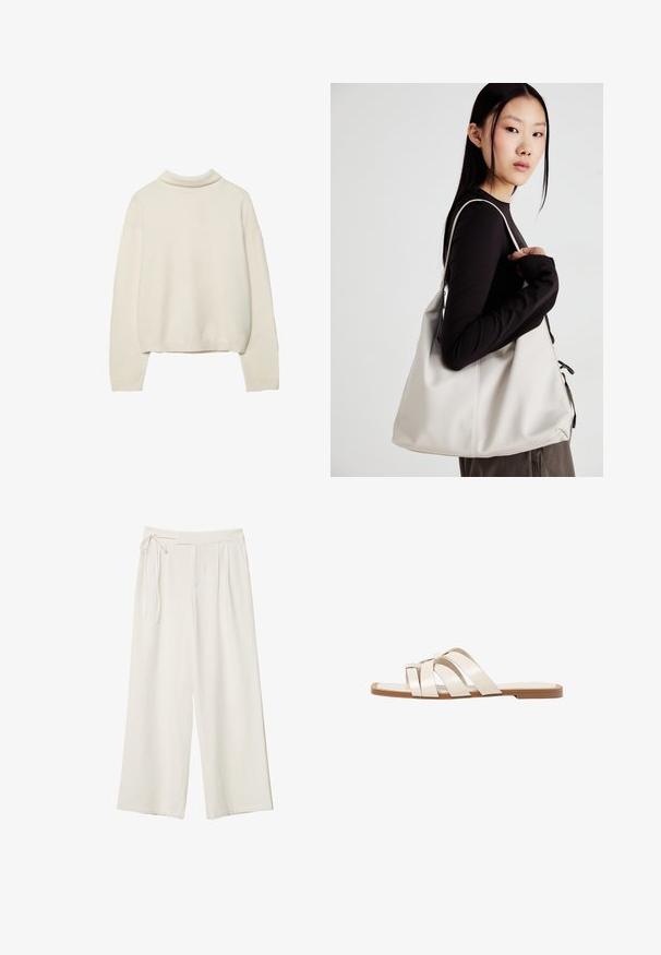 Kermainen pooloneule, valmistettu pehmeästä neulomamateriaalista, jossa on pitkät hihat ja rento istuvuus, jossa on ribbaus hihansuissa ja helmassaan.; Lepuh lebar dengan kain putih krem yang halus. Memiliki pinggang yang diikat dan bagian depan berlipit, dirancang untuk potongan yang santai.; Tason vaaleanruskealla kumipohjalla, jossa on kolme päällekkäistä valkoista nahkaremmiä ja pieni satiininen rusetti keskellä.; Beige laukku, joka on valmistettu pehmeästä materiaalista, ja siinä on rento muotoilu, ommeltu yksityiskohtia ja kaksi olkahihnaa. Sopii päivittäiseen käyttöön.