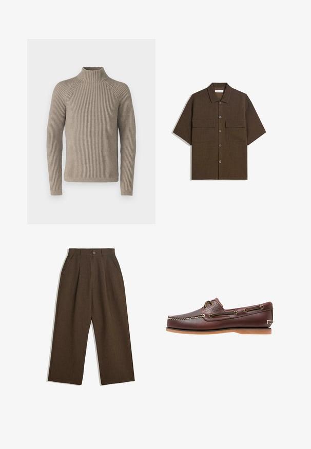 Pulover bej cu guler înalt, cu mâneci lungi, având o siluetă ajustată și un model texturat de tricot. Fabricat dintr-un material moale.; Cămașă cu mâneci scurte, de culoare maro închis, fabricată dintr-un material texturat. Prezintă un sistem de închidere cu nasturi în față și două buzunare pe piept. Design casual, cu o croială lejeră.; Pantaloni plisati maro cu un design cu picioare largi, prevazuti cu inchidere cu nasture si buzunare laterale, realizati dintr-un material texturat, potriviti pentru purtarea casual.; Pantofii de barcă din piele maro, cu cusături albe, șireturi maro și o talpă din cauciuc bej. Au un logo pe lateral și oči metalici pentru șireturi.