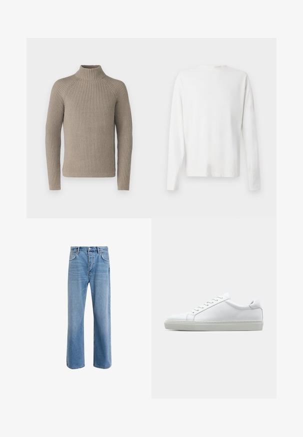 Beige ribbattu turtlenecki, jossa on pitkät hihat, tiukka malli ja teksturoidu neulontakuosi. Valmistettu pehmeästä materiaalista.; Pitkähihaisesta valkoisesta puuvillapaidasta, jossa on pyöreä pääntie, sivuhaalareita alaosassa ja sileä pinta, näkyy takaa.; Vaaleansiniset farkut suoranlahkeisella muotoilulla, viisi taskua, nappisuljenta, vähäinen kuluminen ja kontrastiväriset ompeluyksityiskohdat.; Valkoinen tennari, jossa on sileä nahkapäällinen ja matala profiili. Ominaisuuksiin kuuluu pyöreä kärki, kuusi rei'itystä ja teksturoitu kumipohja.