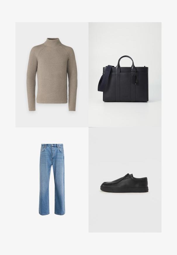 Bežs ribots augsta apkakle džemperis ar garām piedurknēm, ar pieguļošu siluetu un teksturētu adījuma modeli. Izgatavots no mīksta materiāla.; Gai zilas džinsu bikses ar taisnām kājām, piecām kabatām, pogu aizvēršanu, minimālu izbalēšanu un kontrastējošiem šuvju elementiem.; Melnas ādas slip-on kurpes ar noapaļotu purngalu, šūšanas detaļām un melnu gumijas zoli. Gluda tekstūra ar minimālistisku dizainu.; Tumši jūras zila ādas portfelis ar divām augšējām rokturiem un noņemamu siksnu. Ar teksturētu apdari, vertikālām šuvēm un logo detaļu.