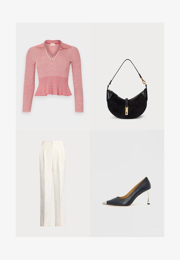 Punainen ja valkoinen raidallinen pitkähihaista paita, jossa on V-pääntie ja kaulus. Kankaan pinta on ribatoitua ja helma on peplum-tyylinen.; Polo Ralph Lauren HEMP WIDE LEG PANT - Housut - nevis; Laivastonsininen nahkainen korkokenkä, jossa on terävä kärki, hopeinen metallinen kärki ja kiiltävä hopeinen piikkikorko.; Mustat käsilaukku, jossa on kaareva muoto, valmistettu mokasta ja nahasta, ja jossa on kullansävyinen vetoketju sekä logodetalji. Sisältää lyhyen kahvan.