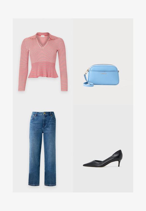 Rood-wit gestreepte longsleeve met een V-hals en kraag. De stof heeft een geribbelde textuur en een peplumzoom.; Blauwe high-waisted jeans met een rechte-pijpen-snits, gemaakt van denim, met vijf zakken en details in goudkleurige hardware.; Zwarte leren pump met een puntige neus en lage hak. Heeft een gladde textuur en een subtiele glans. Open uitsparing aan de voorkant voor extra detail.; Lichtblauwe leren crossbody tas met goudkleurige hardware, ritsluiting en een voorvak. Voorzien van een verstelbare schouderband voor gemak.