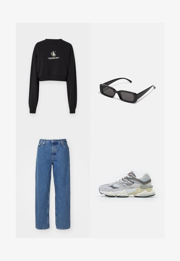 Fekete, rövidített pulóver, puha anyagból készült, kerek nyakkal és hosszú ujjal. A "CK Calvin Klein Jeans" logo fehér és arany színben látható.; Világoskék farmernadrág magas derékkal, egyenes szárú fazonnal, öt zsebbel és enyhén kopott textúrával. Rögzítő szegecs és gombzár.; Szürke velúr és hálós sneaker vastag fehér és bézs talppal, kiemelkedő fehér logóval és piros részletekkel.; Fekete, téglalap alakú napszemüveg sötét lencsékkel, fényes felülettel, széles szárakkal és masszív keret designnal. Az egyik szárra gravírozott márkanevével.