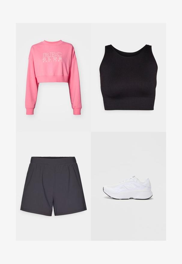 Rózsaszín, rövidített pamut pulóver hosszú ujjal, bordás kerek nyakú, fehér "REC CLUB EST. 1980" felirattal.; Fekete bordázott cropped top magas nyakkivágással és széles karöltőkkel, puha, stretch anyagból az kényelem érdekében és varrás nélküli kivitelezéssel.; Fekete sportos rövidnadrág könnyű, rugalmas anyagból. Rugalmas derékkal és egyszerű, díszítés nélküli dizájnnal rendelkezik.; Fehér sportcipő, hálós felsőrésszel, párnázott nyakkal és mintás talppal. Az oldalon ezüst színű logóval és elegáns, modern dizájnnal rendelkezik.