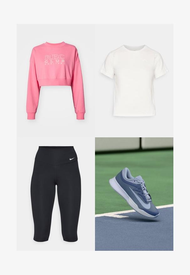 Pink cropped sweatshirt made of cotton with long sleeves, featuring a ribbed crew neckline and “REC CLUB EST. 1980” printed in white.; Lightweight white T-shirt with short sleeves, round neck, and a small logo in the upper left corner. Smooth fabric with a subtle sheen.; Nike black capri leggings feature a high waistband, smooth stretch fabric, and subtle logo detail on the front.; Sport sneaker in light blue and navy, featuring a textured upper, flat laces, and a lightweight white sole. Elevated above a court surface.